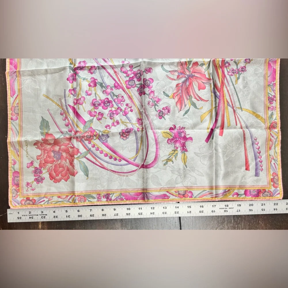 vintage Leonard Paris scarf with Pink and Gold Accents-with callouts